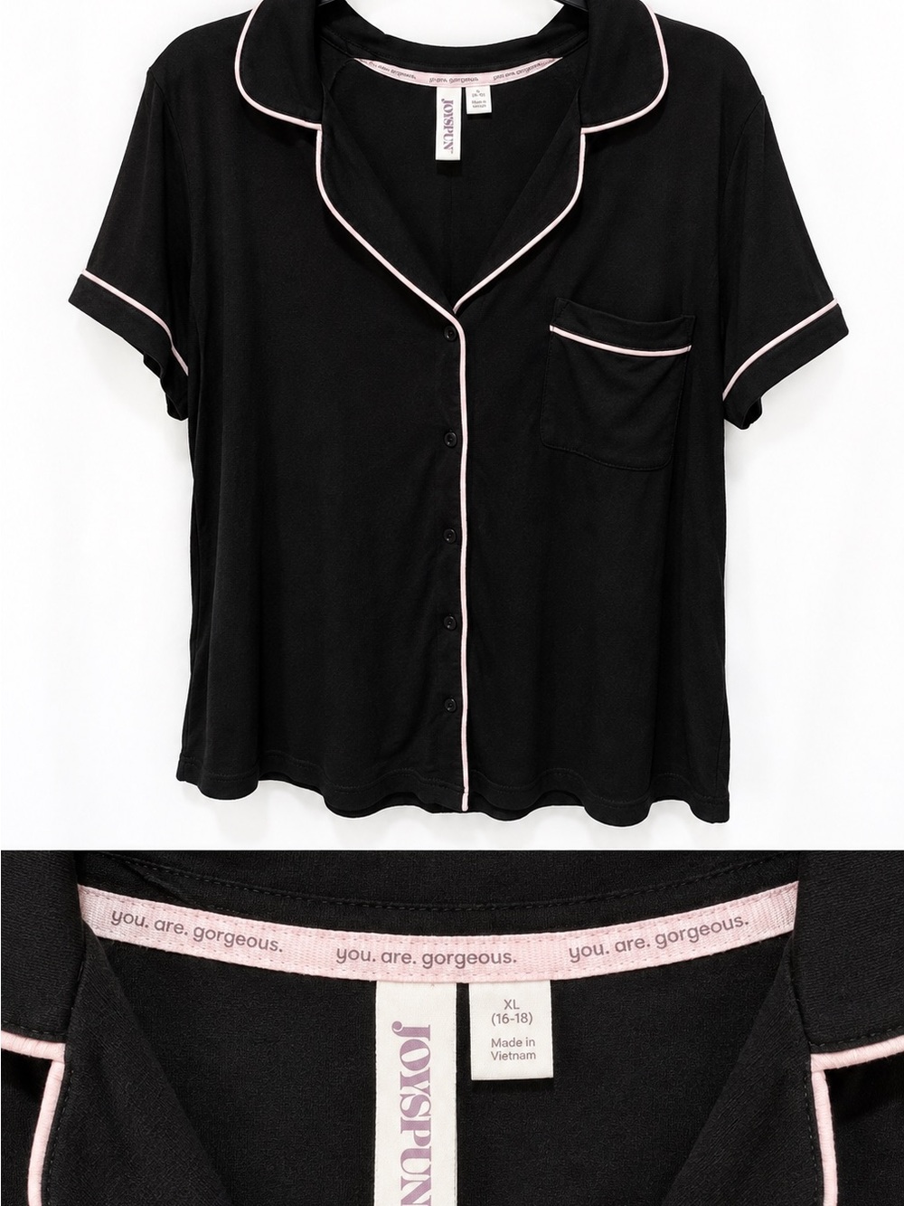 JoS. A. Bank Black Short-Sleeve Pajama Top with Pink Trim